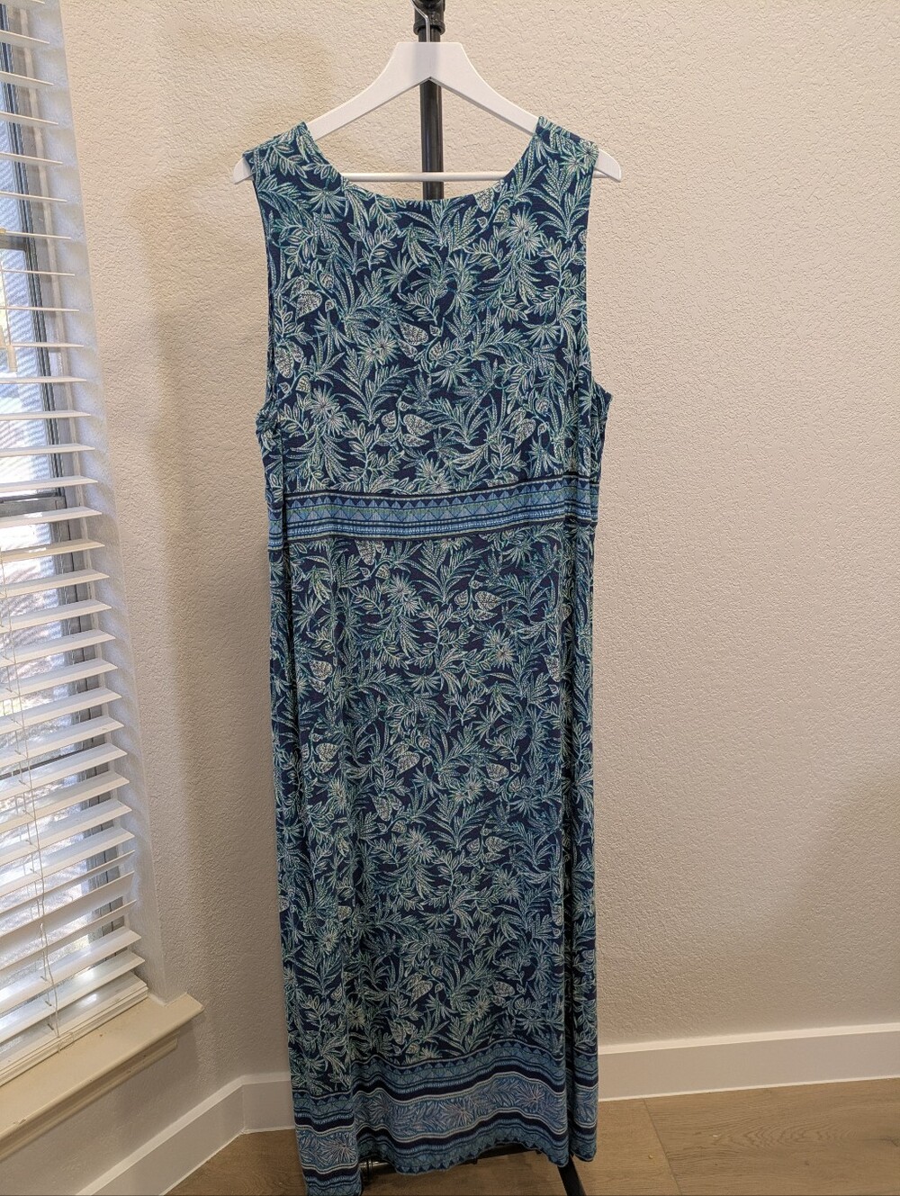 J. Jill Maxi Dress 2X Blue Tropical Foliage Print Sleeveless Border Panel Slit - Picture 8 of 9